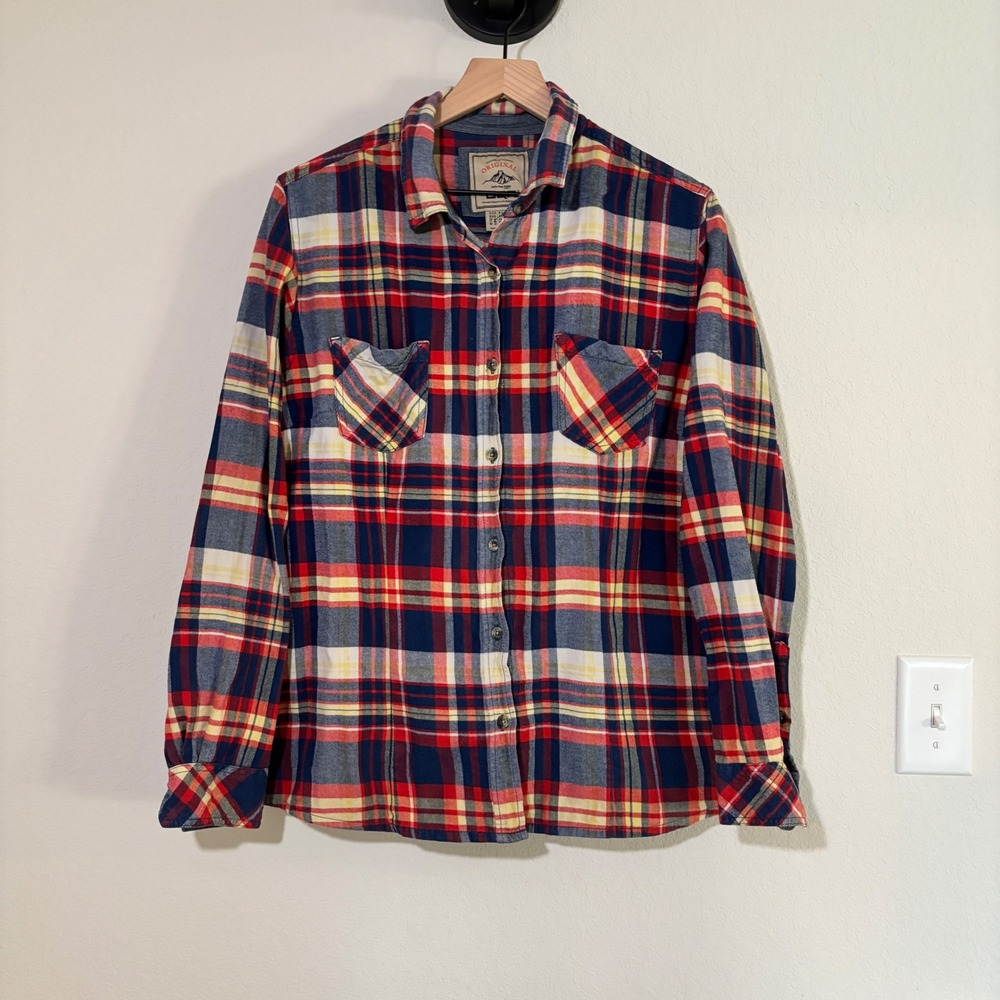CQR Flannel Button Down Shirt XL 100% Cotton Red Plaid Outdoorsy Cabin Core
